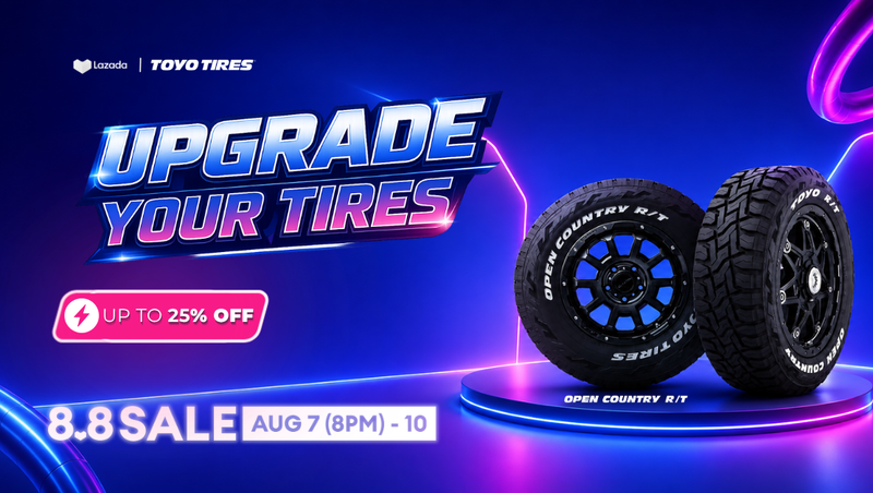 Enjoy exclusive 8.8 savings on selected TOYO TIRES at our official Lazada store. Get up to 25% OFF for a limited time during the Lazada 8.8 campaign.