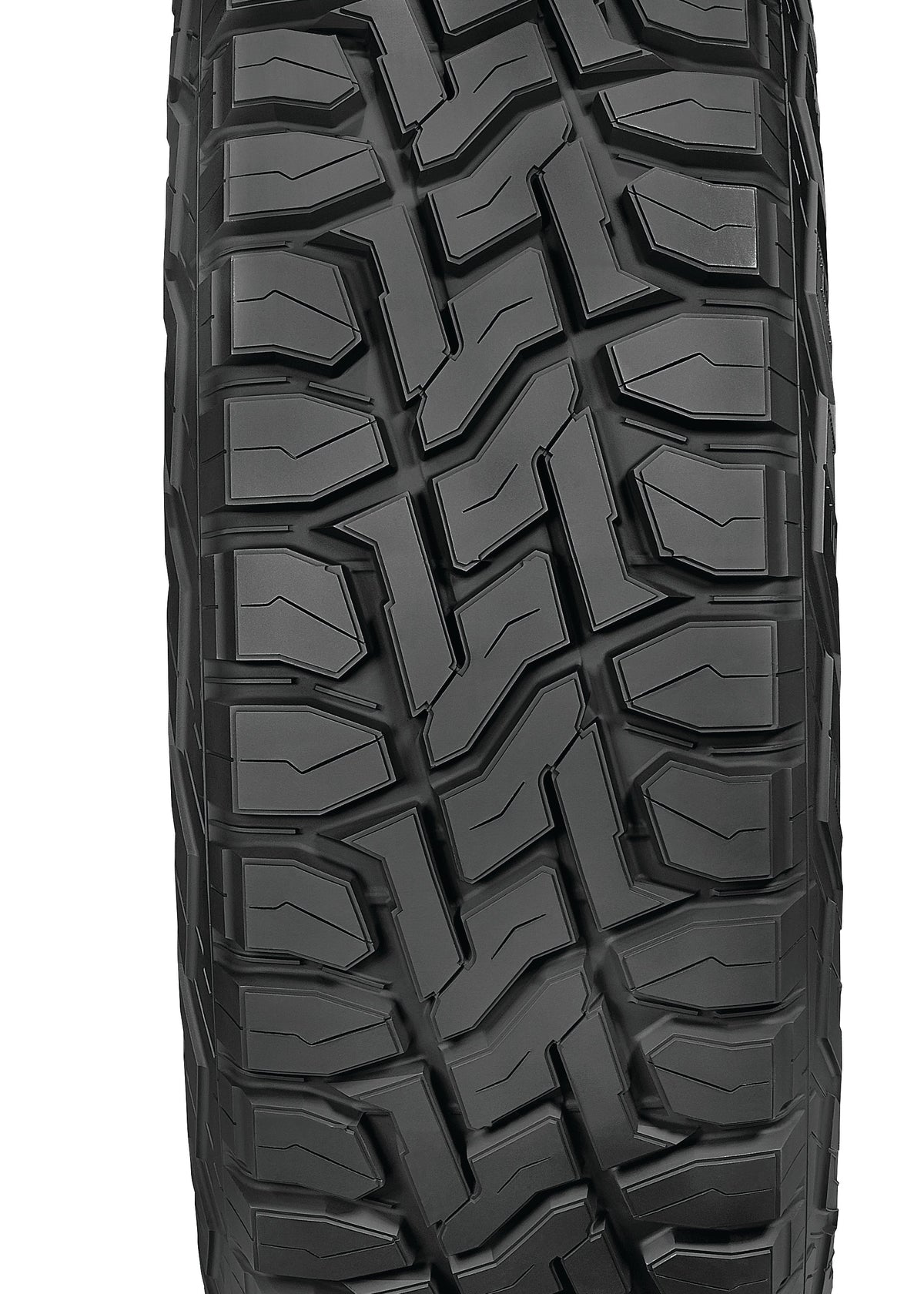 A single black all-terrain tire with a deep, aggressive tread pattern, shown from a front-facing perspective on a solid white background.